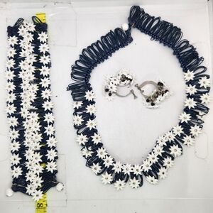 Vtg Blue W Molded Plastic Daisy Flower Charm Cluster Necklace Bracelet Earrings